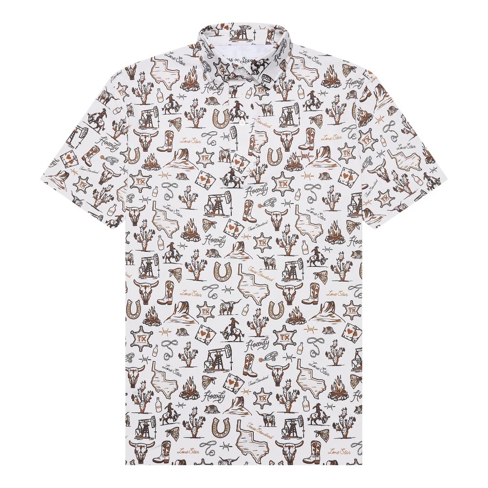Men's White Short-Sleeve Polo with Brown Western Print